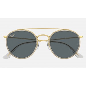 Ray Ban Round Double Bridge Legend RB3647 Sunglasses Classic + Shiny Gold Frame Blue/Grey Classic Lens