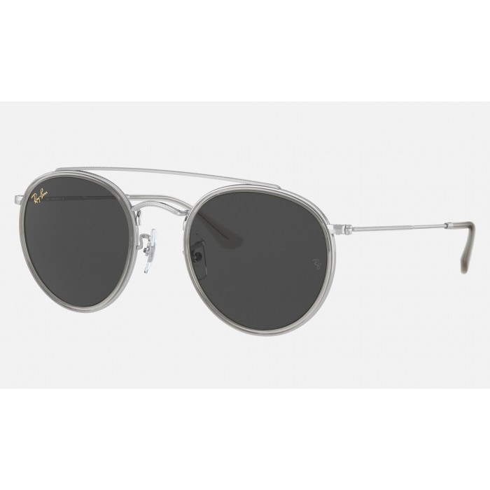 Ray Ban Round Double Bridge Legend RB3647 Sunglasses Classic + Shiny Silver Frame Dark Grey Classic Lens