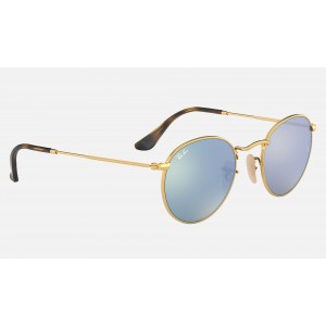 Ray Ban Round Flat Lenses RB3447 Sunglasses Flash + Gold Frame Silver Flash Lens
